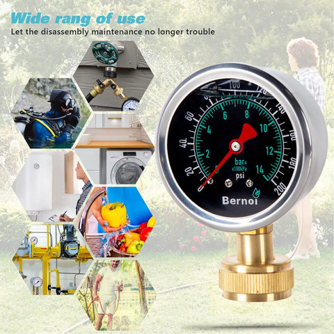 Liquid Filled Water Pressure Gauge Kit 0-200 Psi With 5 Piece Quick Connect Set, Standard Three Quarter Inch Female Garden Hose Thread, Home Use Gauge For Faucets And Hoses, Includes One Quarter Inch And One Half Inch Adapters, brass gauge with 0-200 psi dial