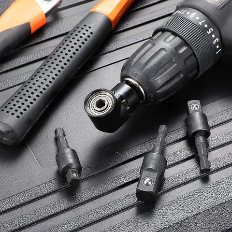 Beefed Up Workhorse 4 Piece Power Drill Socket Adapter Set With 360 Degree Rotating Sockets And 105 Degree Right Angle Driver, 1 Quarter Inch, 3 Eighth Inch, 1 Half Inch, Detent Ball Retention, Chrome Vanadium Steel, Black