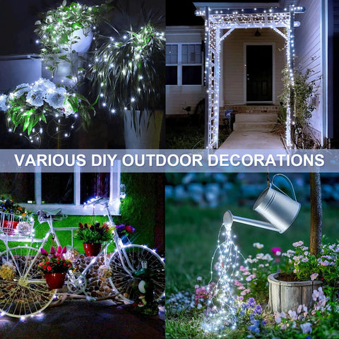 Various outdoor setups using Two Pack Of 33 Feet Solar String Lights With 100 LEDs Each, Outdoor Waterproof Fairy Lights.