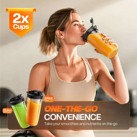 Kickass Portable Smoothie Blender For Shakes And Protein Drinks With Two BPA Free To Go Cups, 24oz and 16.9oz sizes, being used by a woman.