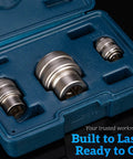 Three Piece Tap Socket Set For Ratchet Wrenches In Sizes One Quarter Inch Three Eighths Inch And One Half Inch Drive in a blue case