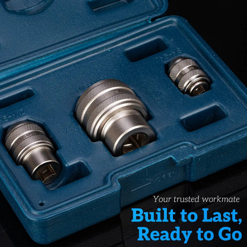 Three Piece Tap Socket Set For Ratchet Wrenches In Sizes One Quarter Inch Three Eighths Inch And One Half Inch Drive in a blue case