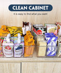 Heavy Duty Clear Plastic Pantry Storage Totes With Removable Dividers 2 Pack Kitchen Cabinet Organizers For Dry Goods Snacks Spices Medicine Fridge Shelf Caddies Keeping Your Counter Super Tidy And Stress Free filled with colorful snacks in a clean cabinet.