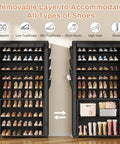 Tall 10 Tier Shoe Rack With Dustproof Cover Free Standing Storage For 50 To 55 Pairs Of Shoes And Boots Huge Capacity Space Saver Closet Entryway Garage Organizer 8 Pockets displayed with various shoe types organized on shelves.