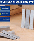 Heavy Duty 1 Inch 18 Gauge Brad Nails 6000 Count Zinc Plated Rust Resistant Steel For Trim And Woodworking Sweet Finish, stacked in a workshop.