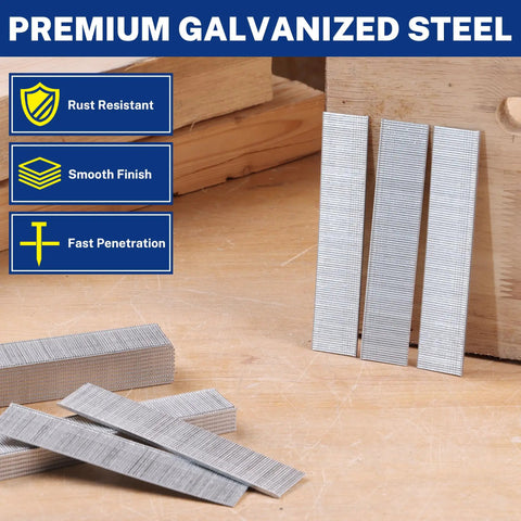 Heavy Duty 1 Inch 18 Gauge Brad Nails 6000 Count Zinc Plated Rust Resistant Steel For Trim And Woodworking Sweet Finish, stacked in a workshop.