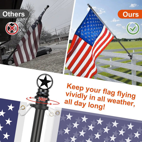 Flag Pole Kit For Outdoor Setup With 3x5 US Flag, 6-Foot Heavy Duty Aluminum Flagpole, Tangle Free 360 Degree Spinning Rings, 45 Degree And 90 Degree Holder, Aluminum Bracket Included, Perfect For Porch, Patio, Deck, Yard, Wall Or Brick, Black
