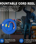 Retractable Welding Hose Reel With One Quarter Inch By One Hundred Foot Twin Oxygen And Acetylene Rubber Hoses Heavy Duty Industrial Standard Duty 200 PSI Single Arm Construction mounted on wall