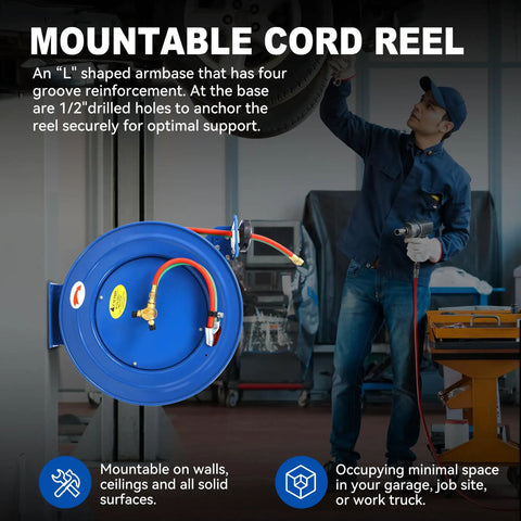 Heavy Duty Welding Hose Reel With Retractable Arm 1/4 Inch By Fifty Feet Twin Oxygen And Acetylene Rubber Hoses mounted on wall