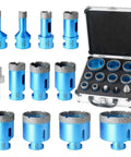ACFAN 12-piece diamond hole saw kit for tile/stone; 1/4–2-1/2 in bits, 5/8-11 UNC threads, blue bits in a metal case