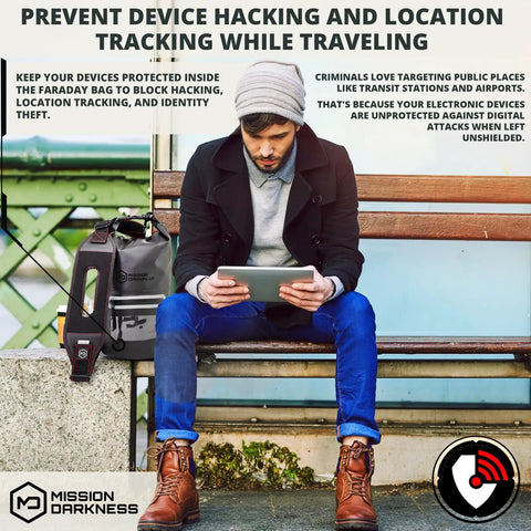 Man using tablet with Faraday Tote Dry Bag 7L Capacity Waterproof Signal Blocking For Phones Tablets Radios On The Go nearby