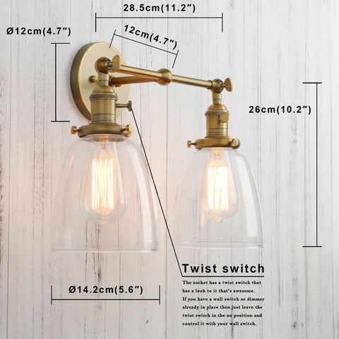 Double Sconce Wall Light Set Vintage Industrial Antique Vibe with two glass shades, E26 compatible, upward mount
