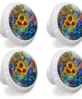 Four Pack Colorful Wildflower Stained Glass Cabinet Knobs For Kitchen And Bath, Bright Sunflowers, Irises, Tulips, Daisies