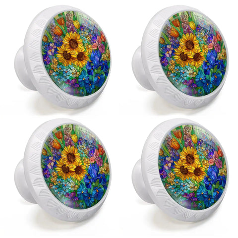 Four Pack Colorful Wildflower Stained Glass Cabinet Knobs For Kitchen And Bath, Bright Sunflowers, Irises, Tulips, Daisies