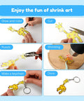 All In One Shrink Plastic Craft Kit For DIY Keychains And Shrink Art With 198 Pieces showing step-by-step giraffe keychain creation