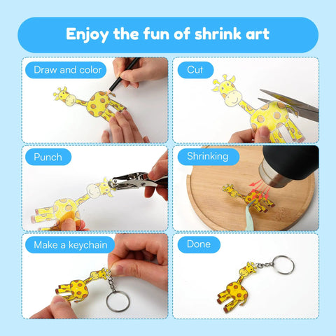 All In One Shrink Plastic Craft Kit For DIY Keychains And Shrink Art With 198 Pieces showing step-by-step giraffe keychain creation