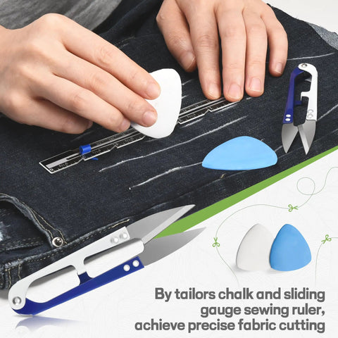 All-In-One Portable Sewing Kit For Adults With Ultra Sharp Fabric Scissors 242 Pcs Newly Upgraded Travel Sewing Set Heavy-Duty Needle And Thread Kit For Beginners Home Craft And Travel Repairs, with chalk and ruler on fabric