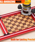 Adjustable Router Jig For Game Changing Woodworking, Straight Shot Juice Groove Template With Anodized Aluminum Rail in use on a chessboard.