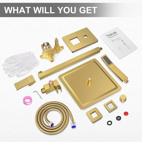 Brushed Gold 10 Inch Shower System With Rain Shower Head And Handheld Spray Wall Mounted High Pressure Mixer Parts