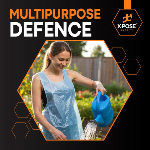 Person wearing a Blue Disposable Apron Bulk Pack Of 1000 Count 24x48 Inches Waterproof Polyethylene while gardening