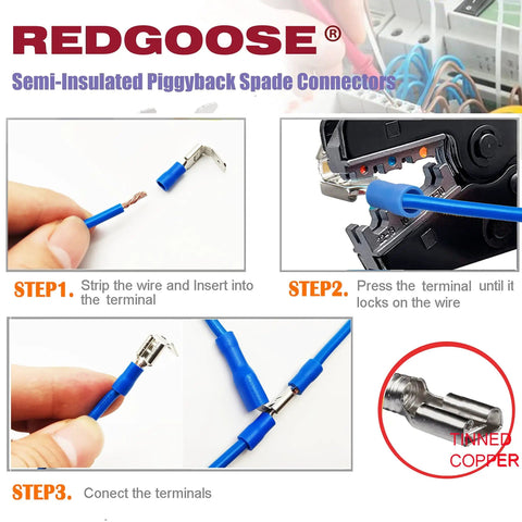 100 Pack Semi-Insulated Piggyback Spade Connectors 1/4 Inch Quick Disconnect Kit instructions with wire connecting steps