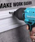 Drill driver in use with 53 Piece Screwdriver Bit Set In A Tough Case With S2 Steel Bits And Magnetic Drive Guide on wall molding.