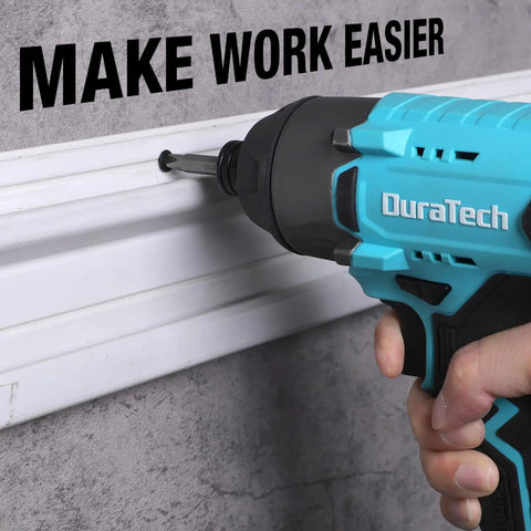 Drill driver in use with 53 Piece Screwdriver Bit Set In A Tough Case With S2 Steel Bits And Magnetic Drive Guide on wall molding.