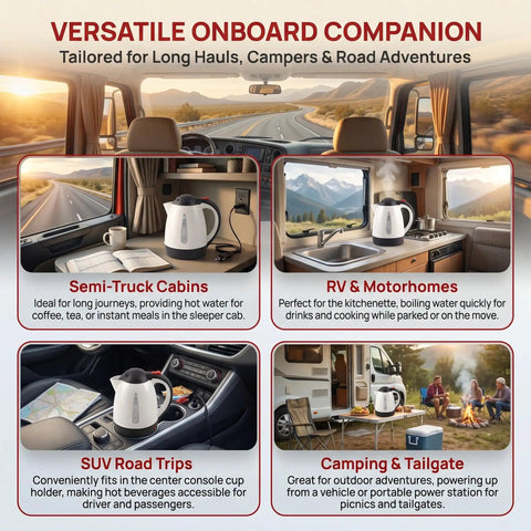 Kickback Ready 24V Car Kettle 1000ML Portable Electric Water Heater For Trucks RVs And Vans in semi-truck and camper settings.