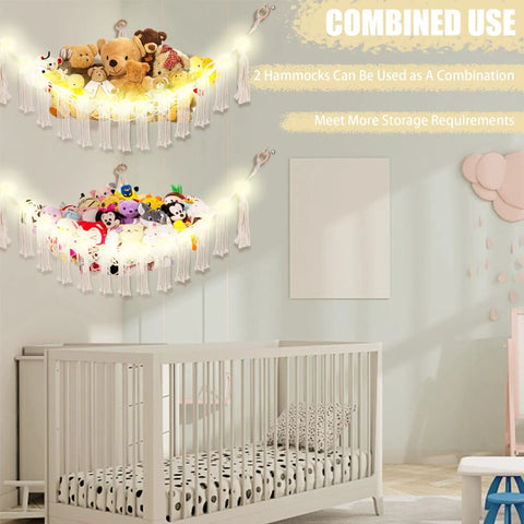 Stuffed Animal Hammock With LED Light Large Plushie Net Storage For Kids Room Decor Corner Toy Organizer For Cozy Playroom White Easy Install With Anchors And Screws Battery Not Included shown above a crib