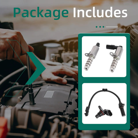 Close-up of Intake And Exhaust Variable Valve Timing VVT Solenoid And Crankshaft Position Sensor Kit for Hyundai and Kia engines.