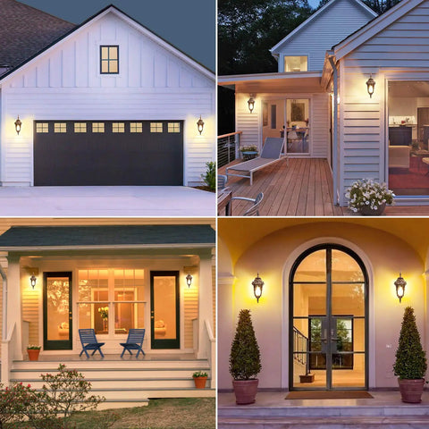 Outdoor Wall Light With Dusk To Dawn Sensor In Gold on garage, porch, and entrance of home with automatic lighting