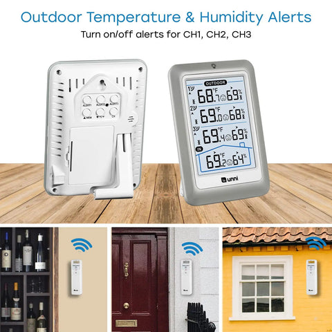 Wireless Indoor Outdoor Thermometer with 4.5 Inch Backlit Display showing temperature & humidity readings, 3 outdoor sensors