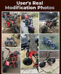 User-modified mini bikes with Mini Bike Front Fork Suspension Kit With Beefed Up Hydraulic Shocks, various models.