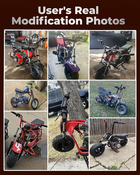 User-modified mini bikes with Mini Bike Front Fork Suspension Kit With Beefed Up Hydraulic Shocks, various models.
