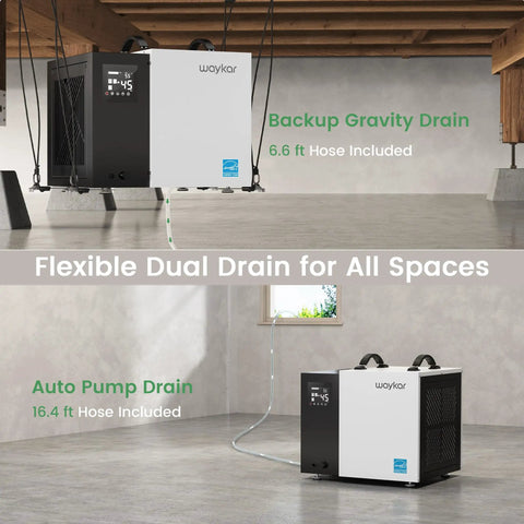 Serious 70 Pint Commercial Dehumidifier With Built In Pump And Drain Hose For Crawl Spaces And Large Basements Up To 5000 Sq Ft energy efficient dual drain setup.