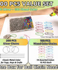 Bulk Ball Chain Keychain Set With 300 Pieces, 2.4mm By 4.72 Inch Beaded Chains And Connectors, 200 Silver Stainless Steel Color Links And 100 Mixed Color Links, Perfect For DIYers Making Dog Tag Necklaces, Crafts And Jewelry Projects; clear storage box with silver and mixed-color chains