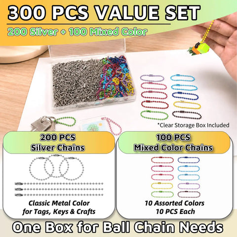 Bulk Ball Chain Keychain Set With 300 Pieces, 2.4mm By 4.72 Inch Beaded Chains And Connectors, 200 Silver Stainless Steel Color Links And 100 Mixed Color Links, Perfect For DIYers Making Dog Tag Necklaces, Crafts And Jewelry Projects; clear storage box with silver and mixed-color chains