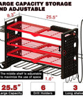Power Tool Organizer Wall Mount With UL Certified 6 Outlet Charging Station 4 Layer 6 Slot Cordless Drill Holder And Angle Grinder Holder Red Heavy Duty Garage Workshop Storage side view