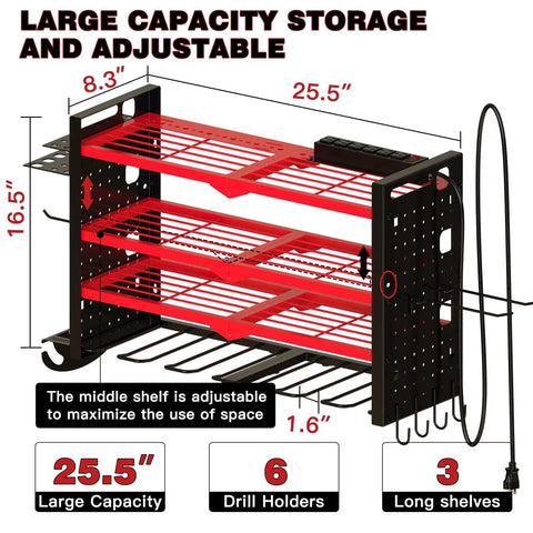 Power Tool Organizer Wall Mount With UL Certified 6 Outlet Charging Station 4 Layer 6 Slot Cordless Drill Holder And Angle Grinder Holder Red Heavy Duty Garage Workshop Storage side view