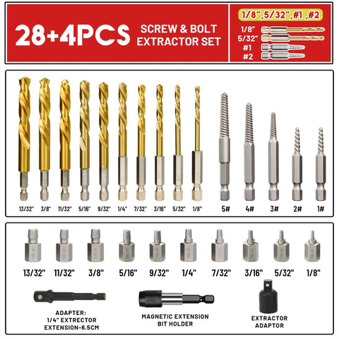 32 Piece Screw Extractor Kit With Left Hand Drill Bits And Hex Adapter, Multi Spline Easy Out Remover display