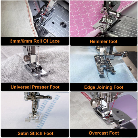 Set of 42 sewing machine presser feet; includes hemming, universal, edge-joining, satin stitch, and overcast feet.