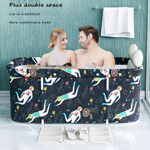 Two adults in Portable Foldable Bathtub Kit For Adults Easy Setup Soaking Bath Tub Space Saving Standing Spa Tub 47.2 x 19.7 x 21.7 inch