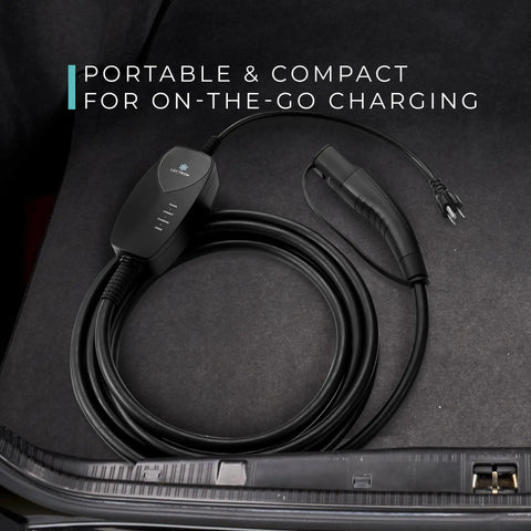 Level 1 Smart EV Charger With WiFi And App Control, 12 Amp, 120V Portable Home Charger with NEMA 5-15 Plug in a car trunk