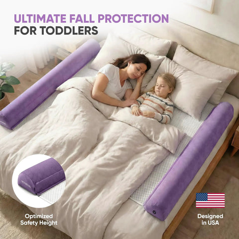Inflatable Toddler Bed Rails 2 Pack Portable Travel Bed Bumpers With Non Slip Washable Covers Kid Friendly Safety Guard in use