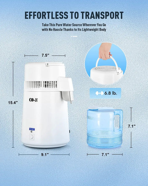 Zero Sweat 1.1 Gallon Water Distiller Smooth Countertop Pure Water Maker featuring lightweight design and 6.8 lb weight.