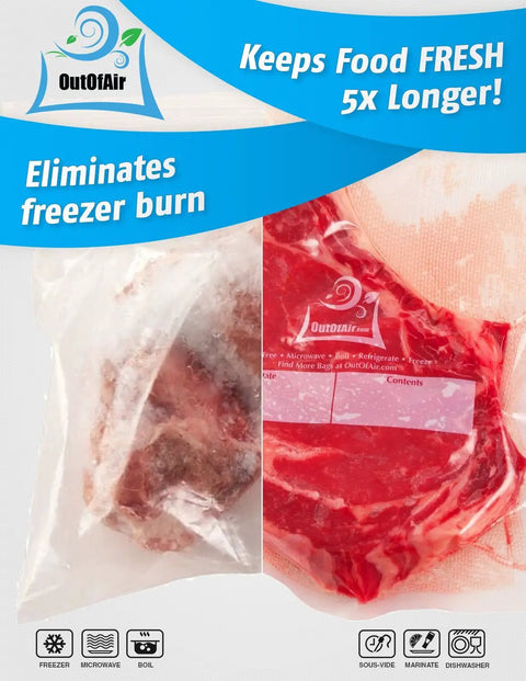 Inside Ready Eight And Eleven Inch Heavy Duty Vacuum Sealer Rolls Pack Four Rolls Two Of Each Size 100 Feet Total 33 Percent Thicker BPA Free Commercial Grade Bags Compatible With FoodSaver And Other Machines Easy To Use With Built In Cutter showcasing food storage effectiveness