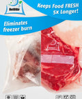 100 Quart Size Vacuum Sealer Bags 8 By 12 Inches Heavy Duty BPA Free Commercial Grade shown keeping food fresh