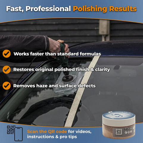 A person using Real Deal Cerium Oxide Glass Polishing Powder for Heavy Duty Windshield Scratch Removal on a car windshield.