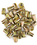 Tough As Nails M6 Metric Rivet Nuts Forged From Zinc Plated Carbon Steel With Knurled Flat Bodies For Secure Threaded Inserts That Lock Tight Without Messy Burrs Includes Forty Pieces, displaying a pile of shiny flanged rivet nuts.