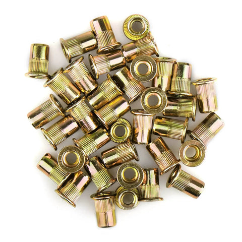 Tough As Nails M6 Metric Rivet Nuts Forged From Zinc Plated Carbon Steel With Knurled Flat Bodies For Secure Threaded Inserts That Lock Tight Without Messy Burrs Includes Forty Pieces, displaying a pile of shiny flanged rivet nuts.